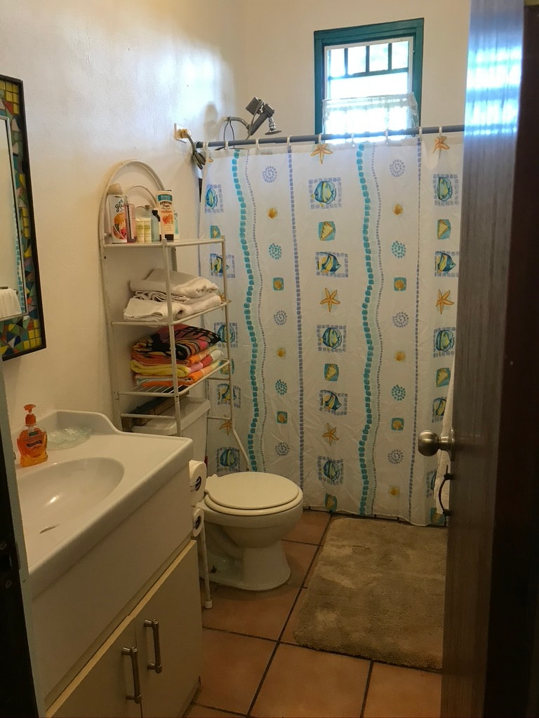 Gaviota bathroom with fish shower curtain and mosaic mirror