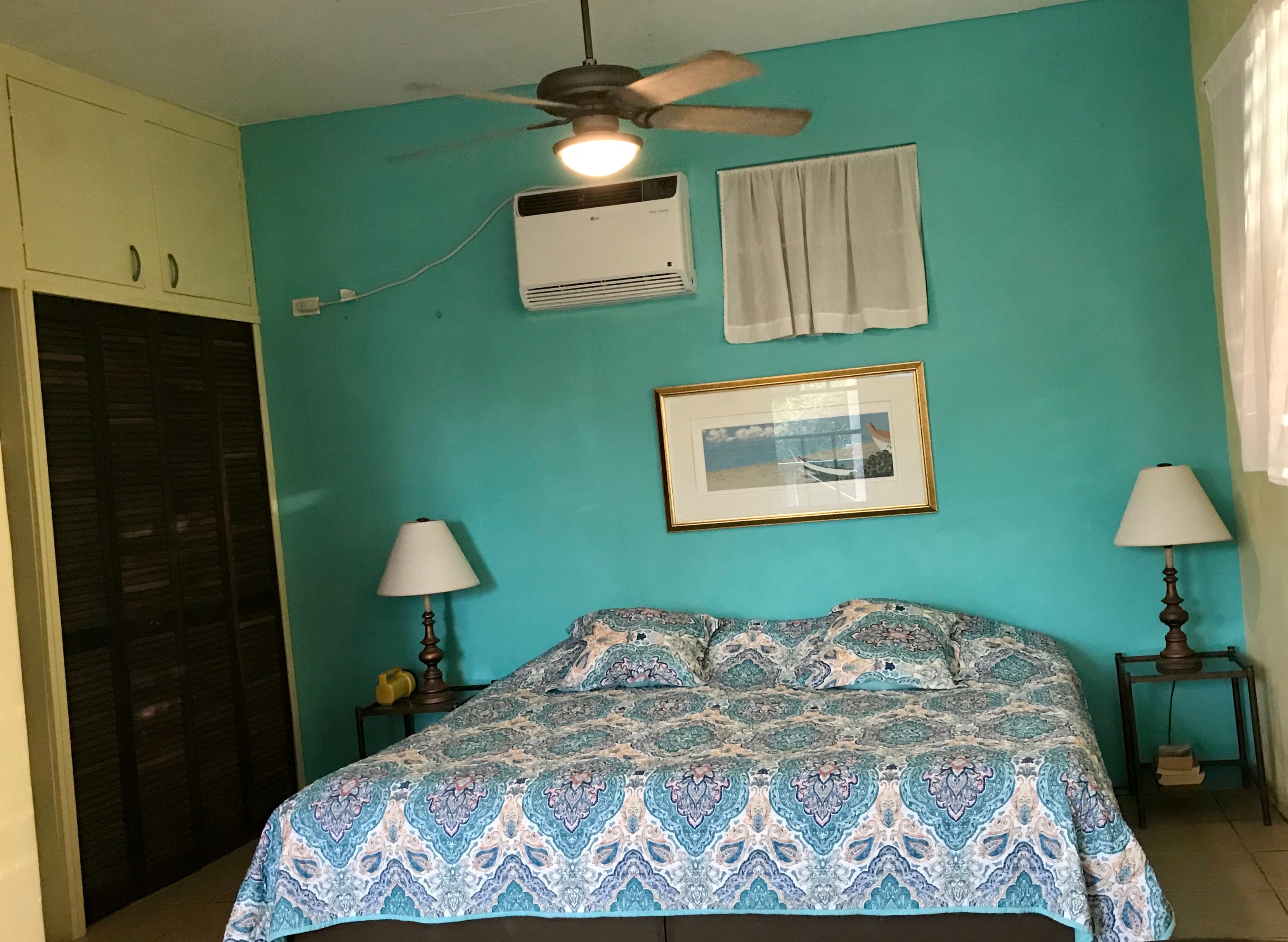 Pitirre bedroom with teal walls and ceiling fan
