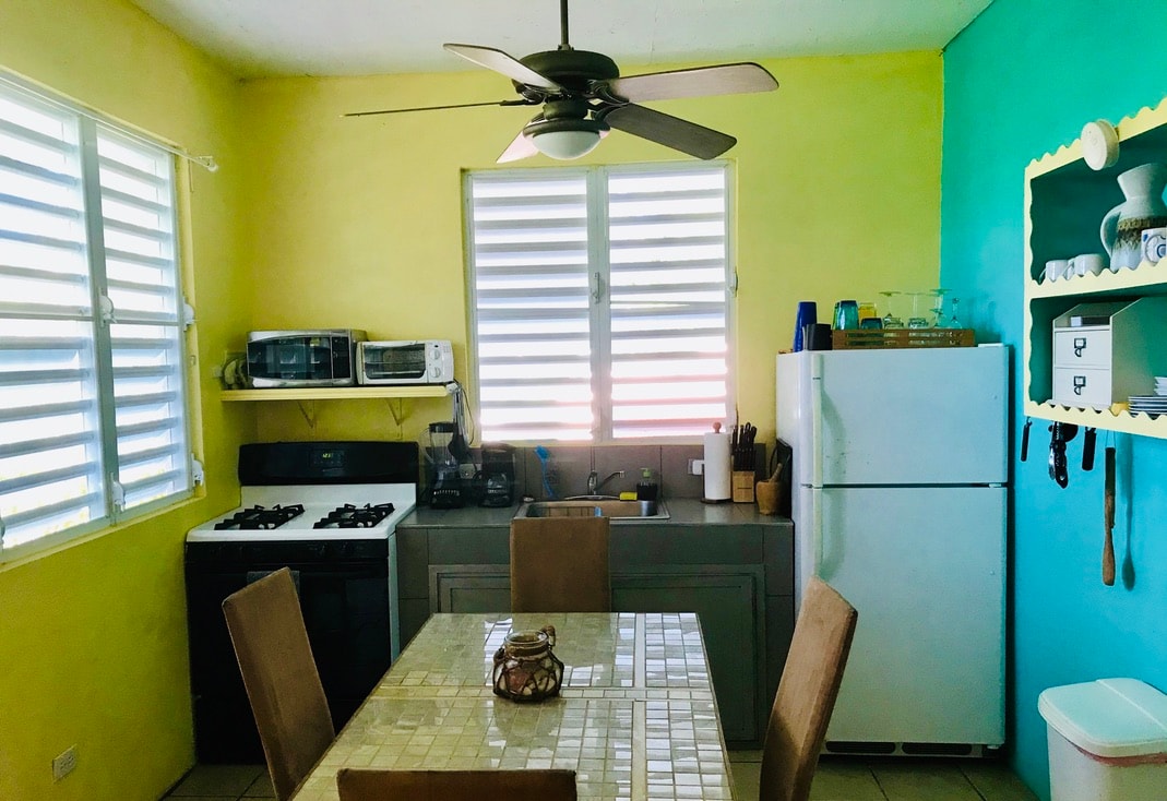 Pitirre kitchen with ceiling fan and teal shelving